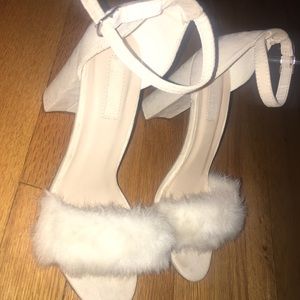 white high heels, with fluff on front toe.
